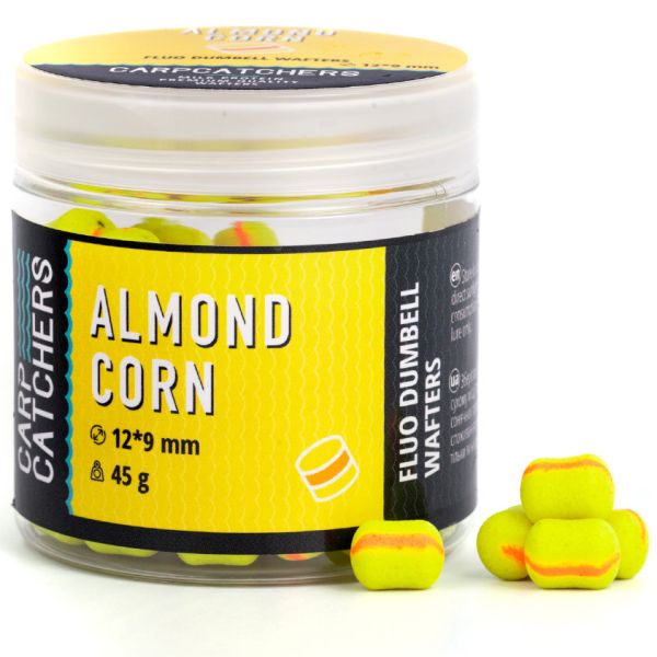 Бойли Carp Catchers - Almond Corn - Fluo Dumbell Wafters 12*9 мм - Fluoro Yellow & Orange stripe - Плаваючі - Двоколірні