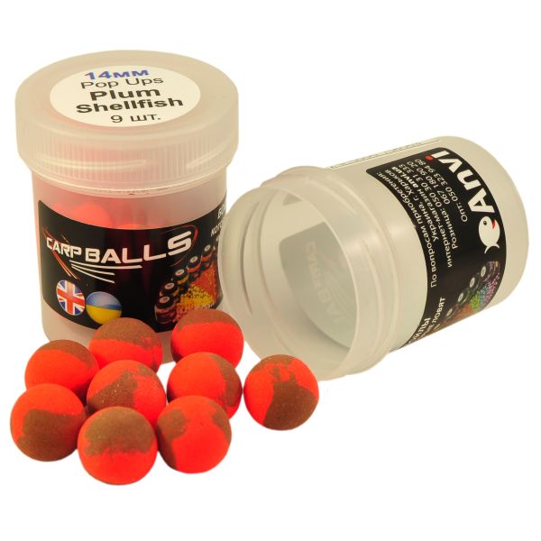 Бойлы CarpBalls Anvi Pop Ups - Пробник - 9 шт - Плавающие - Ø14 мм - Plum and Shellfish