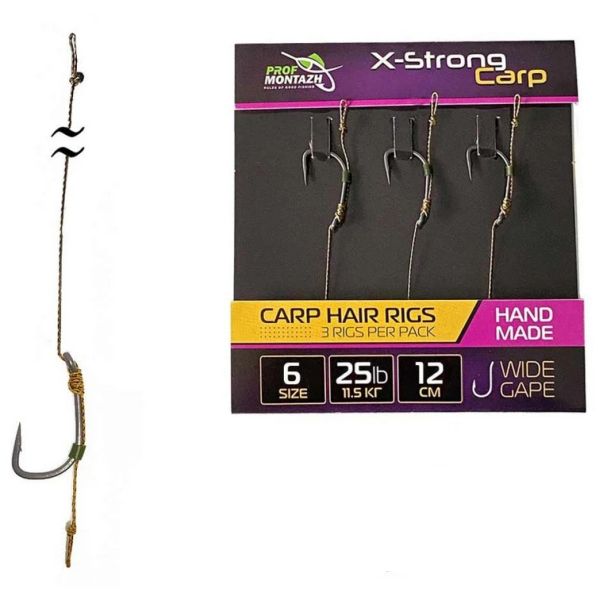 Бойловий (короповий) повідець X-Strong Carp - 12 см - Wide Gape Hook №6 - 25lb/11.5kg - ПрофМонтаж - 3 шт/уп