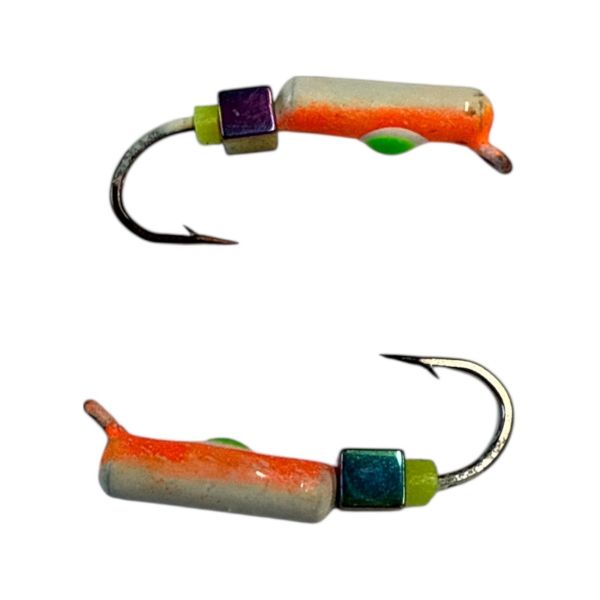 Мормишка Вольфрамова "Латишка" Гвоздик - З кубиком хамелеон - Ø2,2 мм - 0,5 г - Біло-помаранчевий із зелено-білою точкою - Латвія