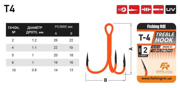 Трійник Fishing ROI Treble Hook T-4 UV Orange BC - Корея - 5 шт/уп