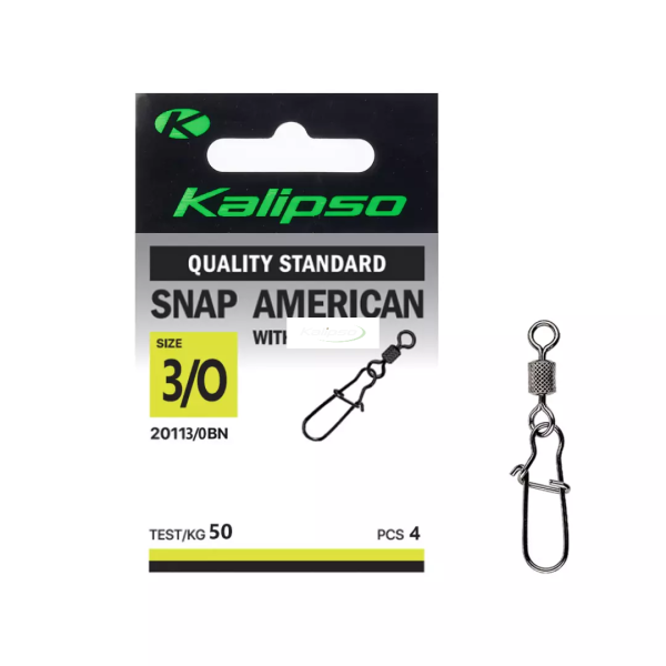 Застежка с вертлюгом Kalipso Snap American with swivel 2011 - 3/0BN - №3/0 - Чёрный никель - 50 кг - Сталь - 4 шт/уп